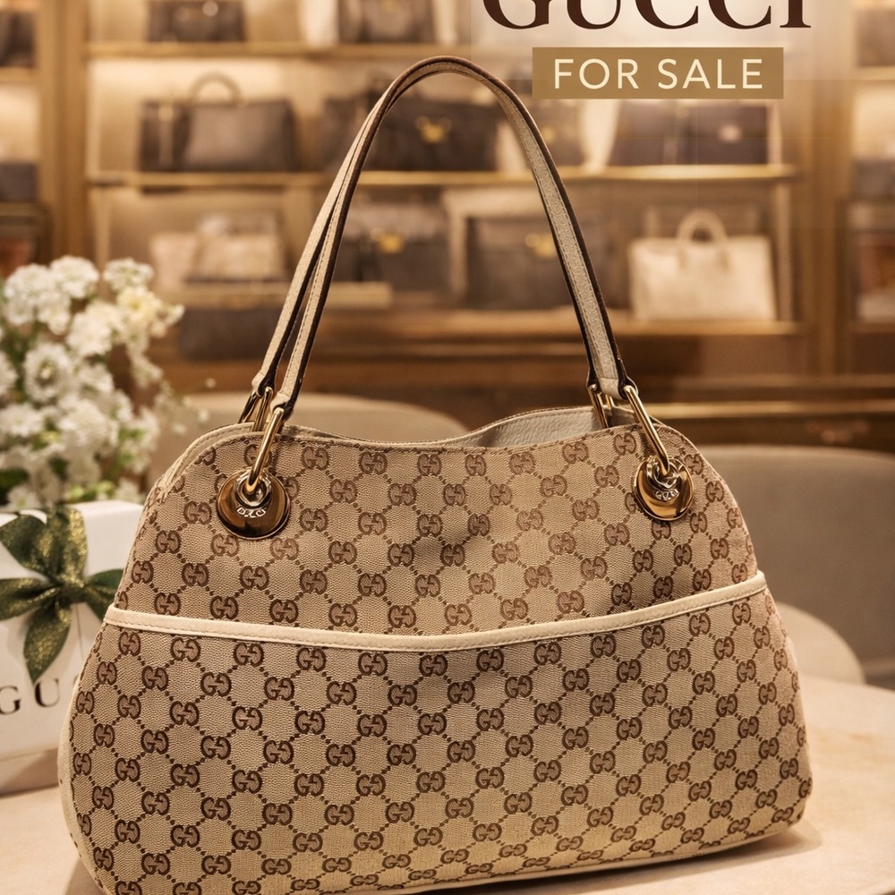 Gucci Beige & Brown GG Canvas Shoulder Bag with Gold Hardware